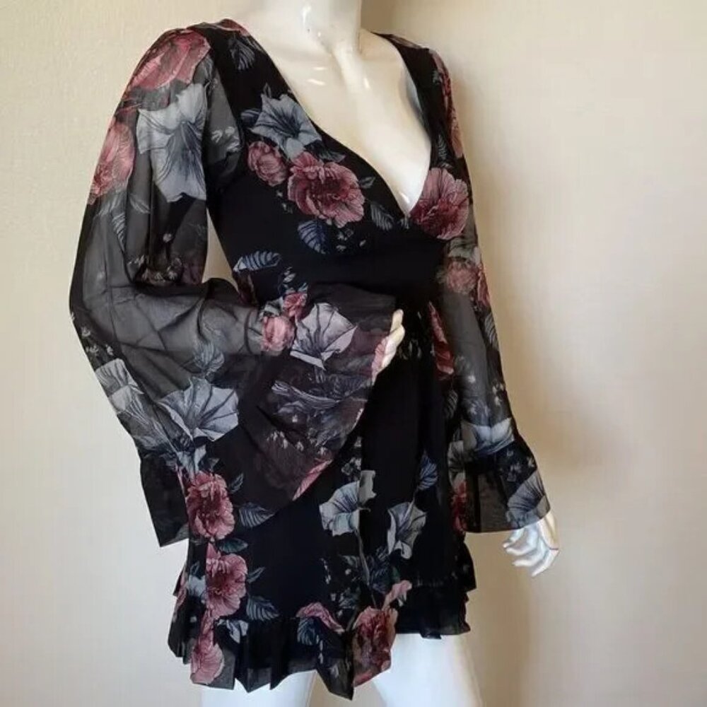 Dolls Kill Widow Goth Floral Dreams Unwind Bell Flare Ruffle Sheer Sleeve Dress